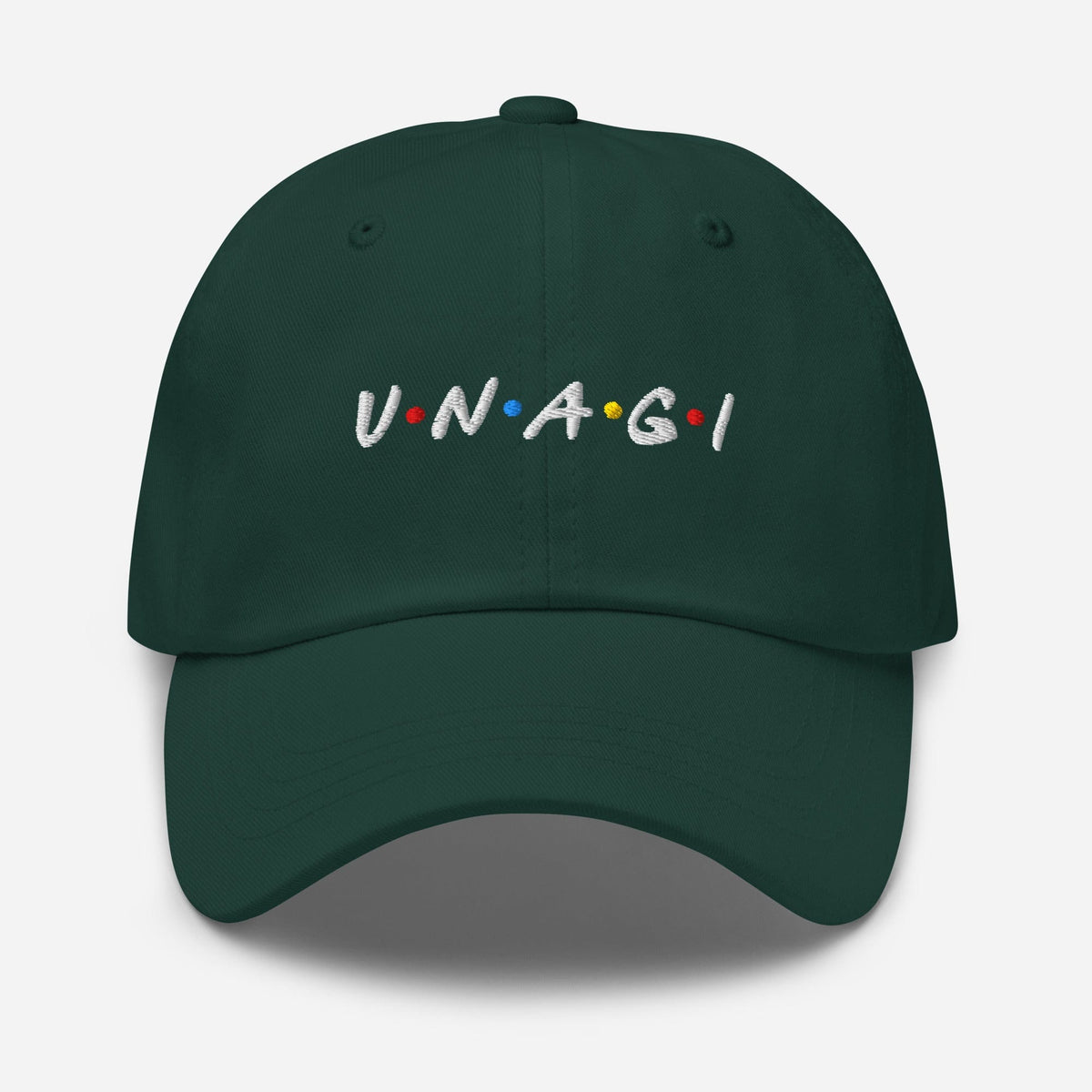 Embroidered baseball cap in dark green with curved brim and front logo text