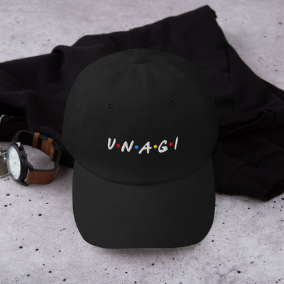 Black embroidered cap with V.N.A.G.I logo on front, top view with curved brim