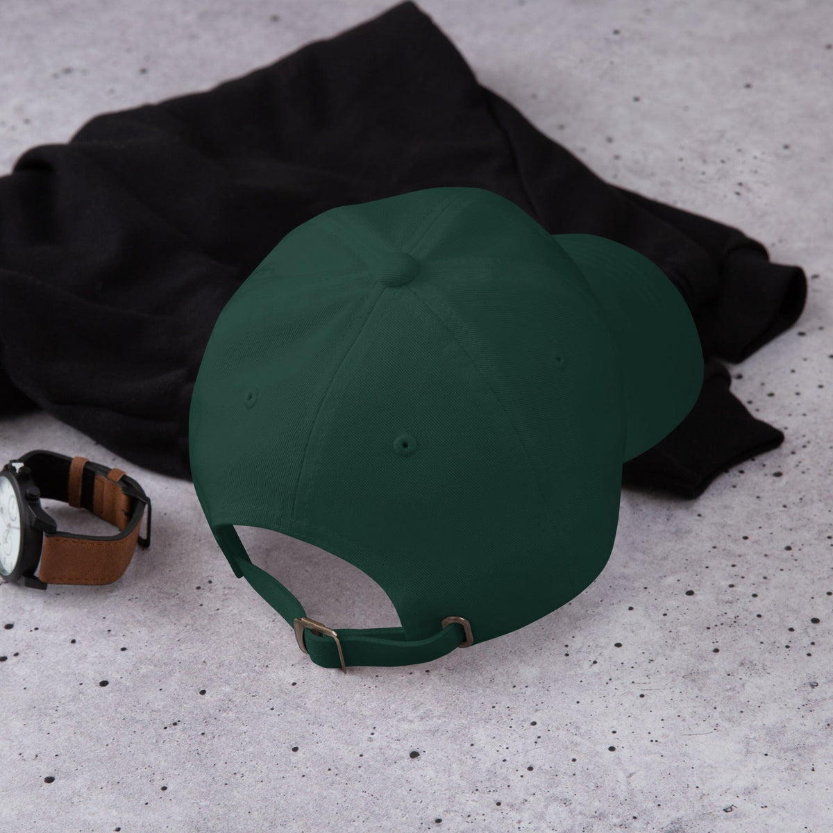 Embroidered baseball cap in green, rear view with adjustable strap