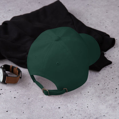 Embroidered baseball cap in green, rear view with adjustable strap