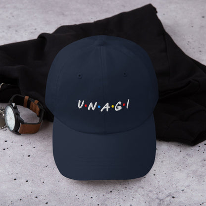Dark blue embroidered baseball cap with UNAGI logo stitching on front