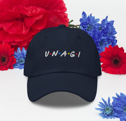 Navy embroidered baseball cap with UNAGI logo stitching on front