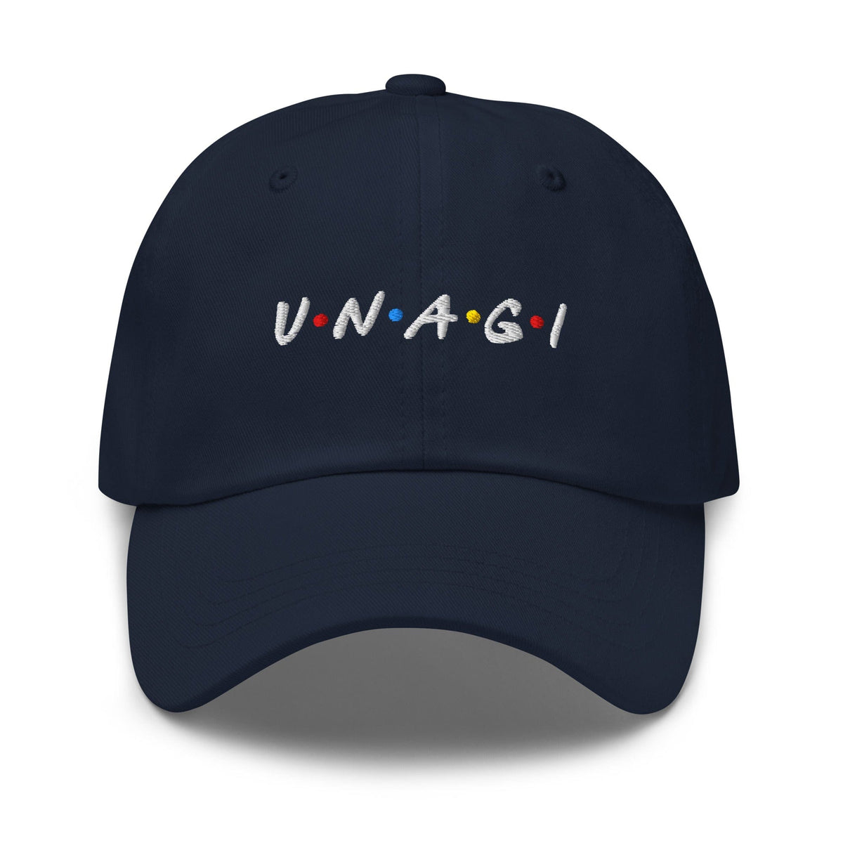 Embroidered baseball cap in navy with curved brim and front logo text