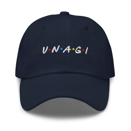 Embroidered baseball cap in navy with curved brim and front logo text