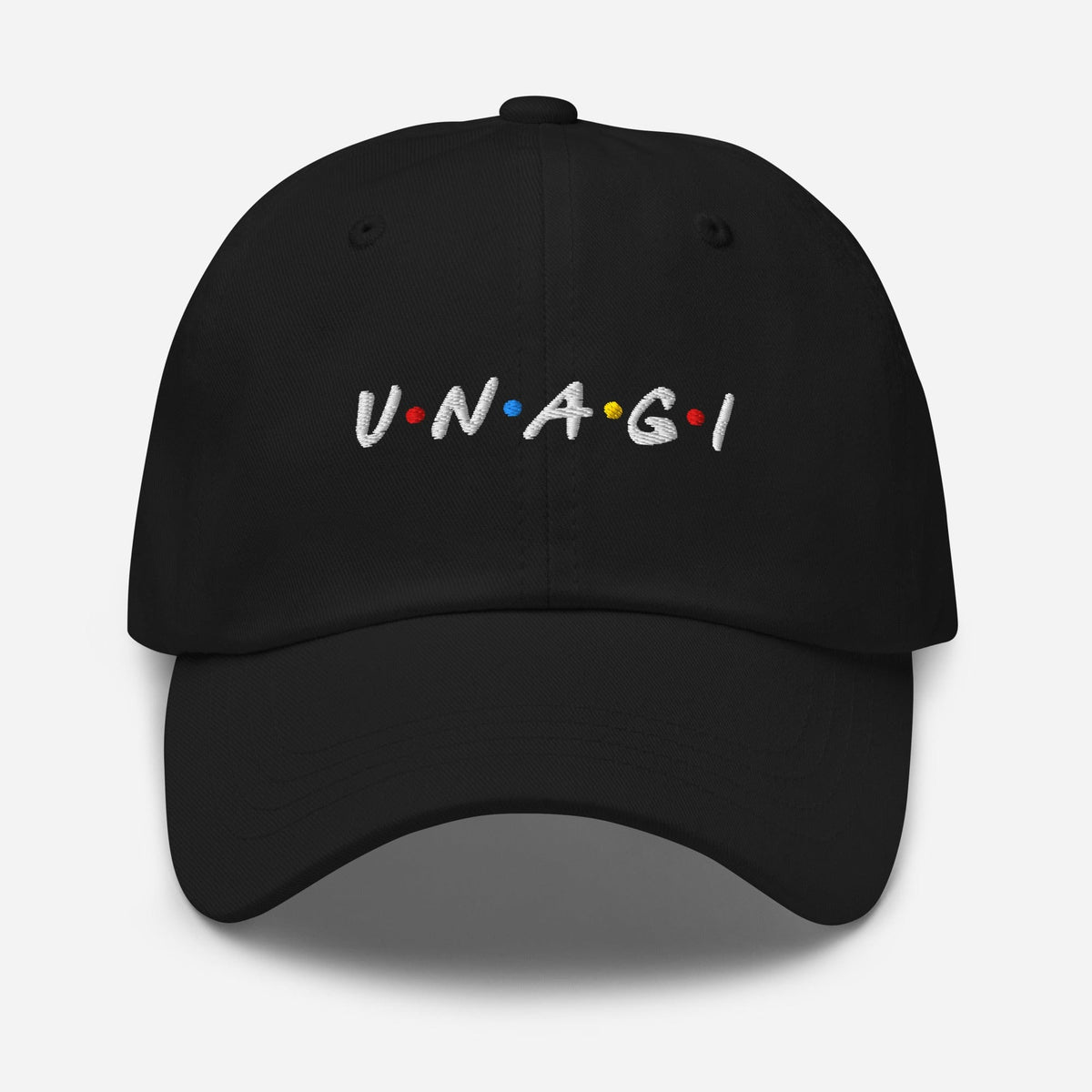 Embroidered baseball cap in black with curved brim and front logo text