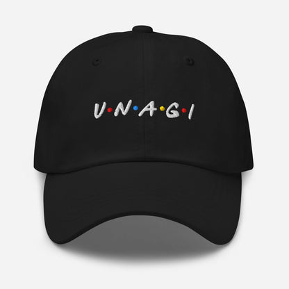 Embroidered baseball cap in black with curved brim and front logo text