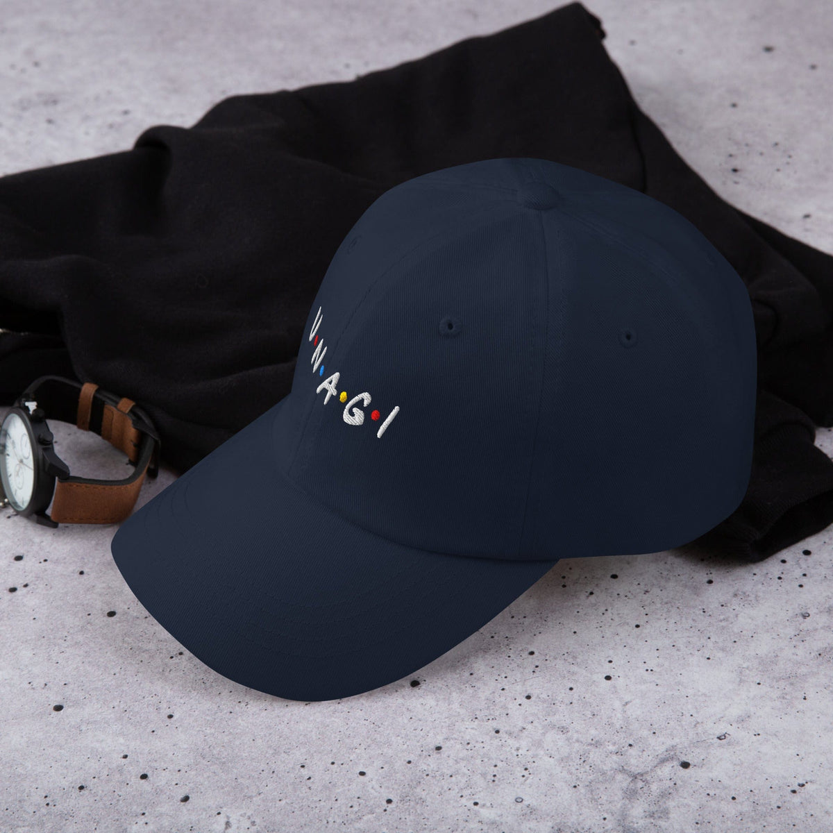 Embroidered baseball cap in dark navy, front embroidered logo text