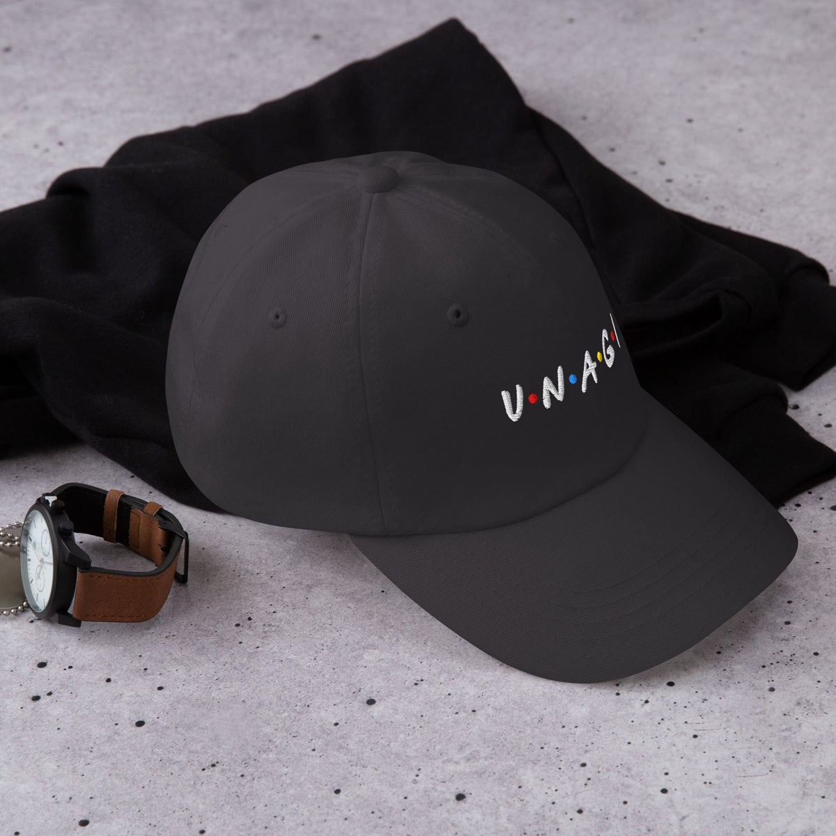 Embroidered baseball cap in dark grey, with front logo text detail