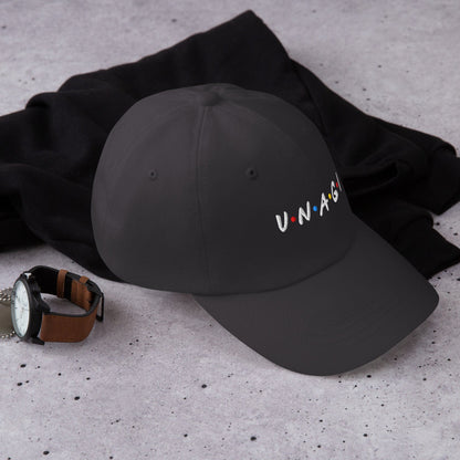 Embroidered baseball cap in dark grey, with front logo text detail
