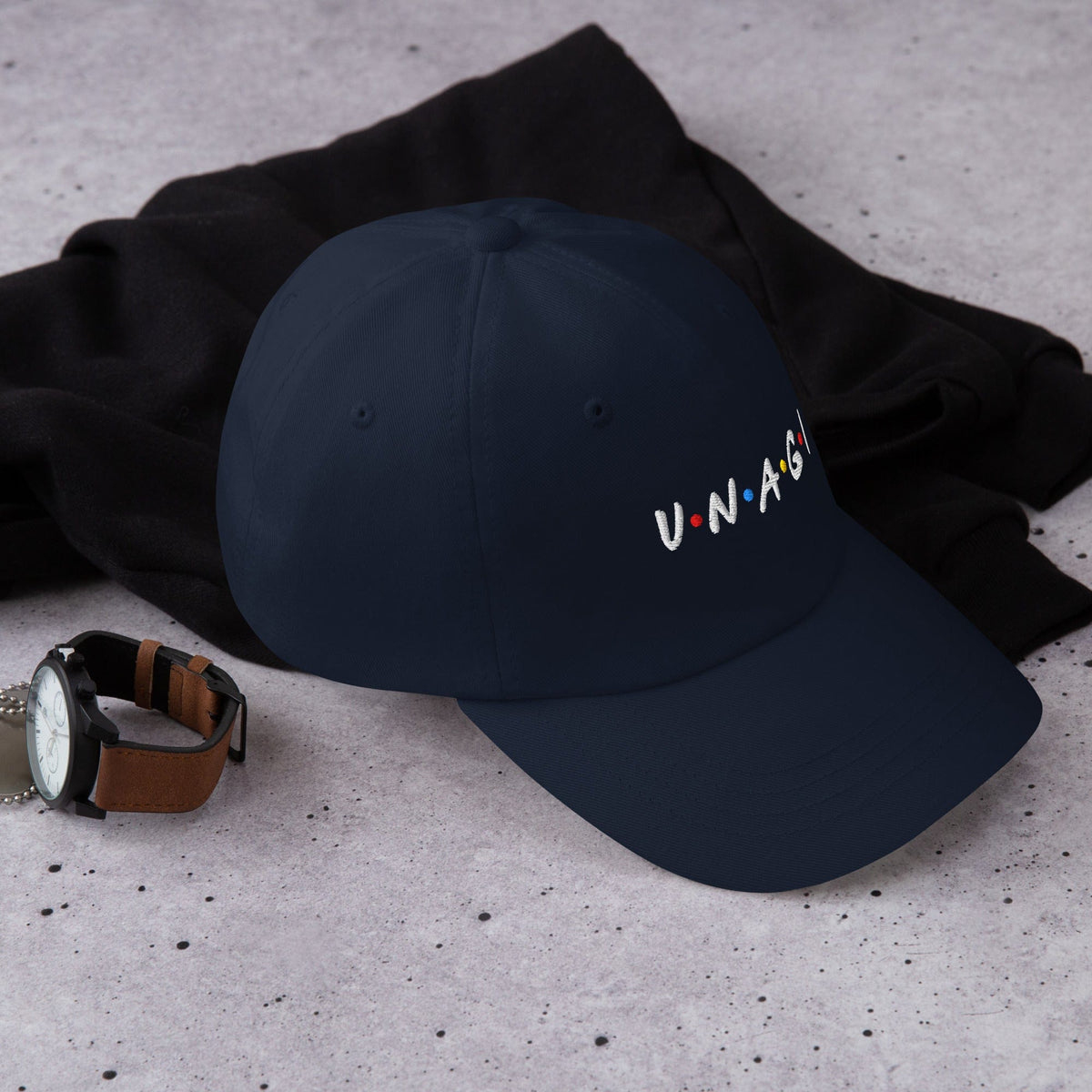 Embroidered baseball cap in dark navy, with front logo text detail