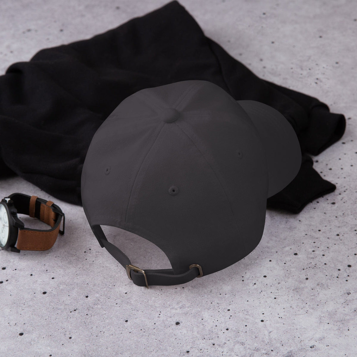 Embroidered baseball cap in dark gray with back strap and curved brim