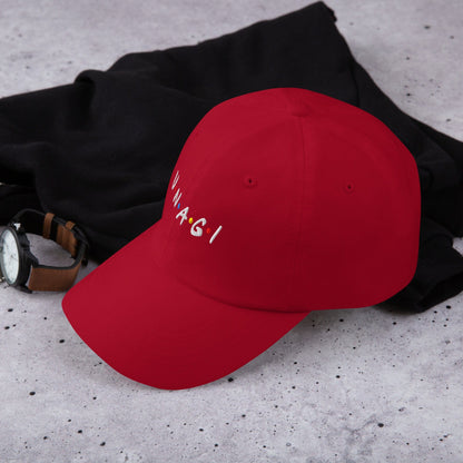 Embroidered baseball cap in red, front embroidered logo text