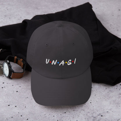 Dark gray embroidered baseball cap with UNAGI logo stitching on front