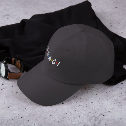 Embroidered baseball cap in dark gray with curved brim and front logo stitching