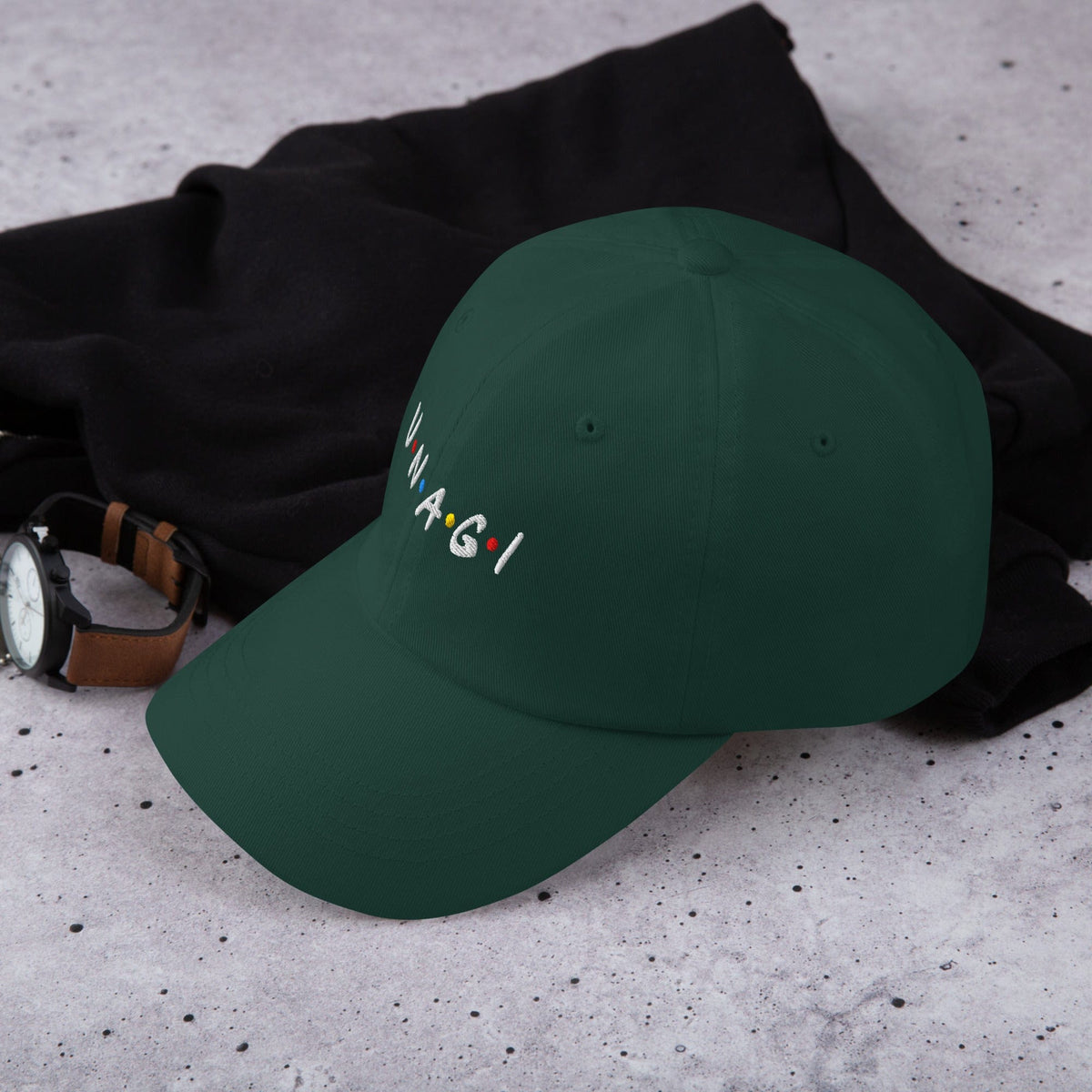 Embroidered baseball cap in green, front embroidered logo text