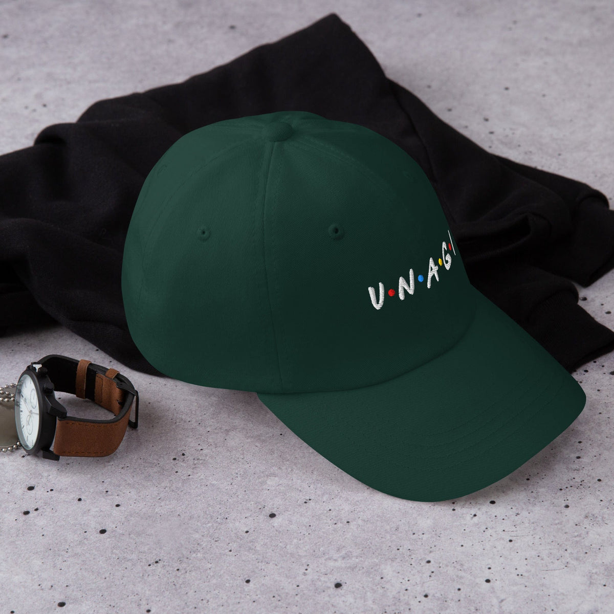 Embroidered baseball cap in green, with front logo text detail