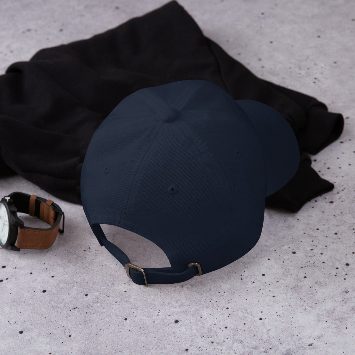 Embroidered baseball cap in dark navy, rear view with adjustable strap