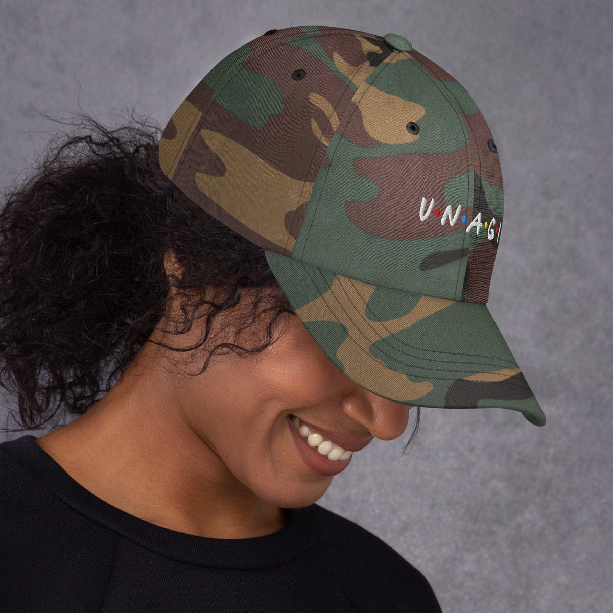 Camo embroidered cap with multicolor V.N.A.G.I logo on front and curved brim