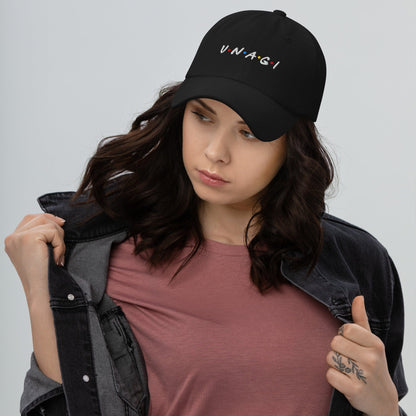 Black embroidered cap with V.N.A.G.I logo on front, curved brim and adjustable back