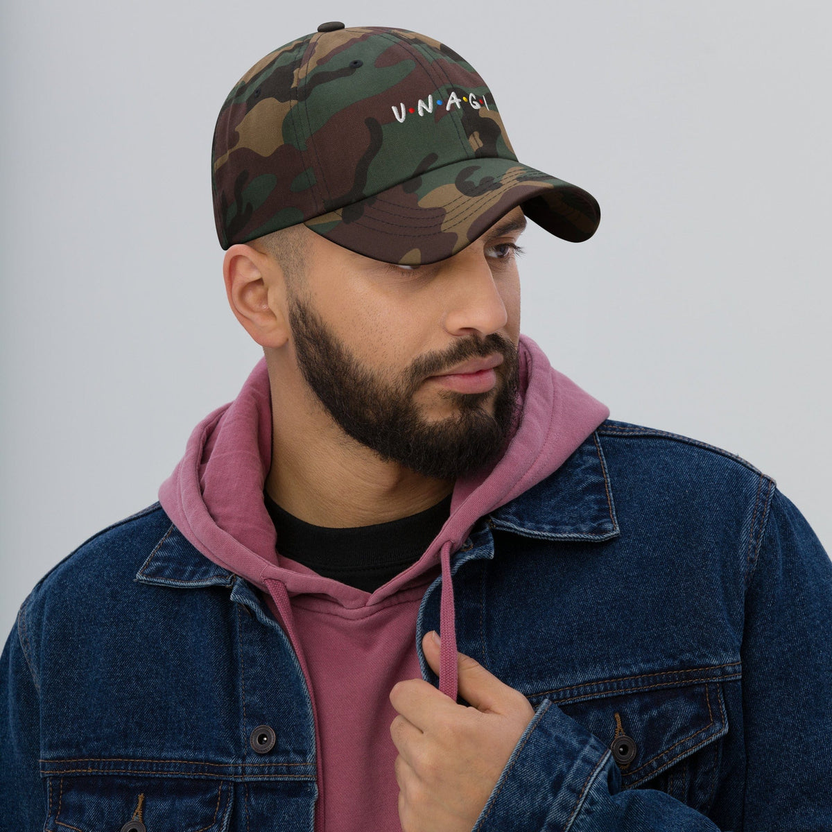 Camo embroidered cap with V.N.A.G.I logo on front, curved brim and side profile