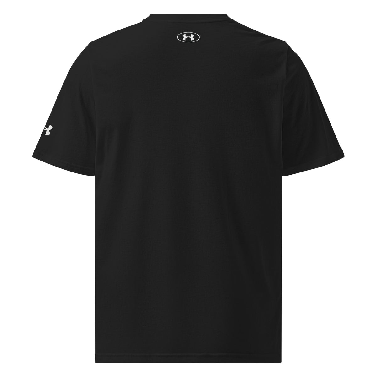 Black athletic T-shirt back view with small Under Armour logo near collar