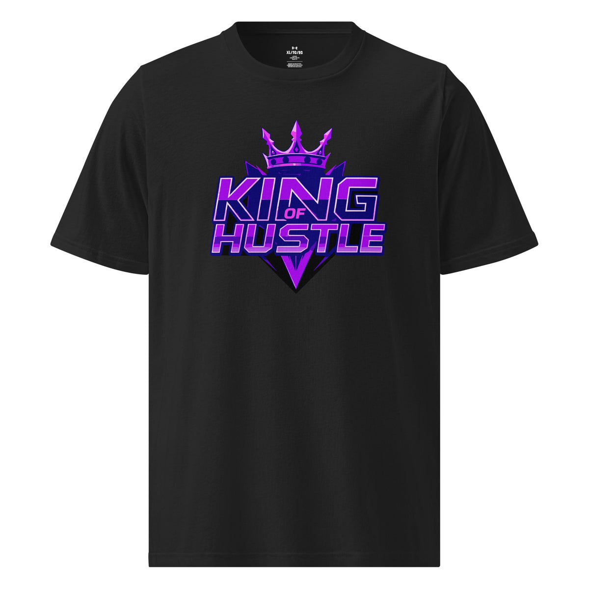 Black athletic T-shirt with purple crown and “King of Hustle” logo on chest
