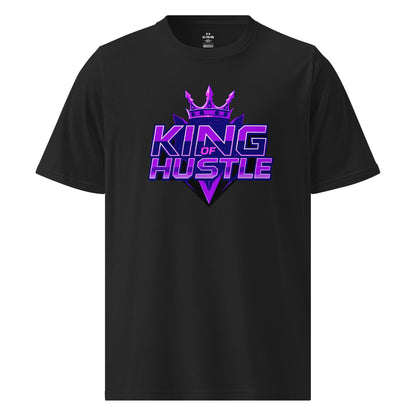 Black athletic T-shirt with purple crown and “King of Hustle” logo on chest