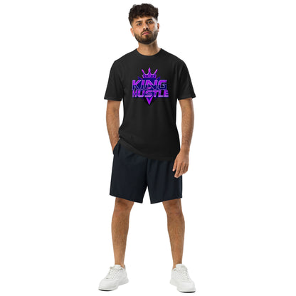 Black athletic t-shirt with short sleeves and crew neck, purple "KING OF HUSTLE" chest graphic.