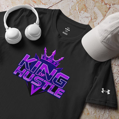 Black athletic T-shirt with purple “King of Hustle” graphic and Under Armour logo