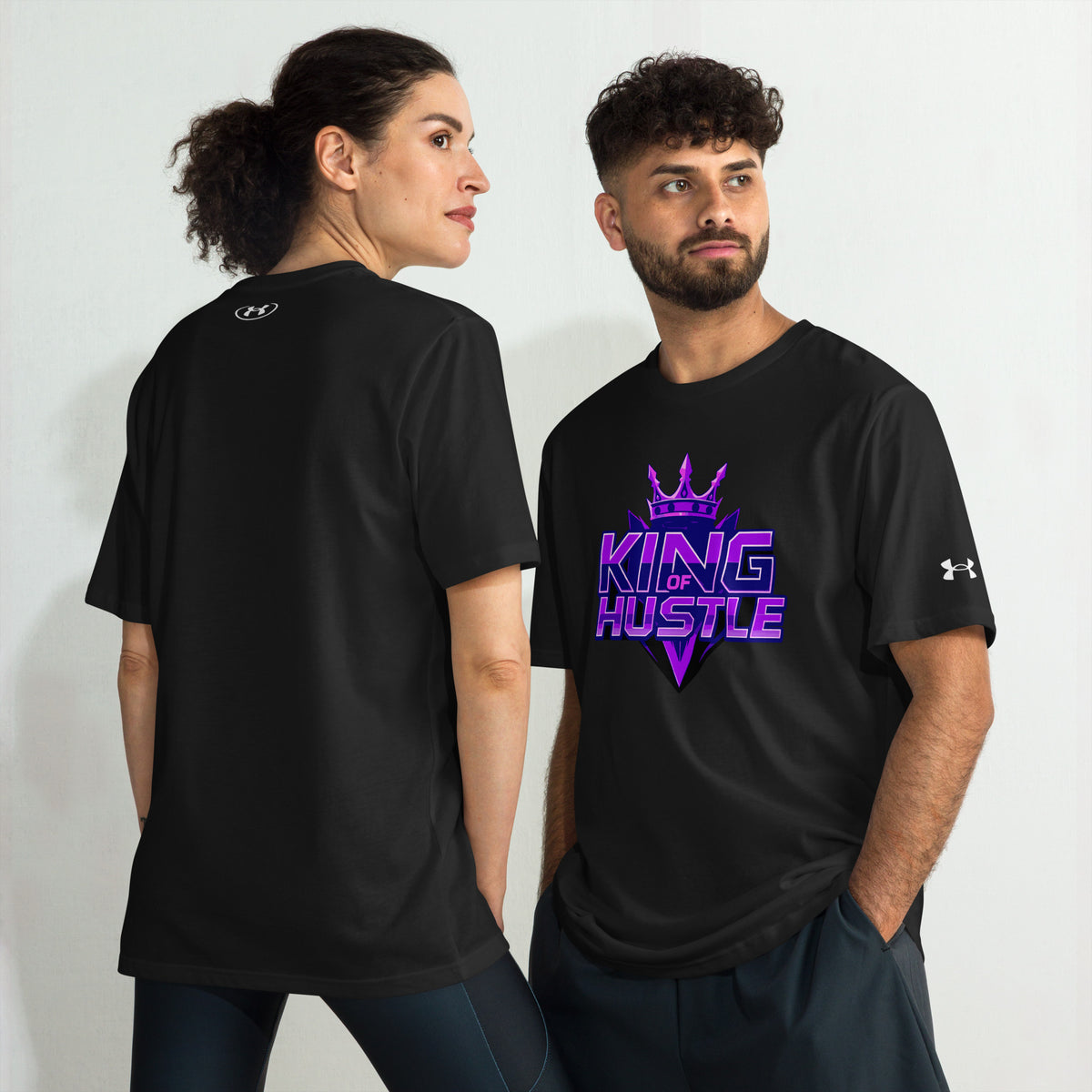 Black athletic T-shirt duo: back view with collar logo and front view with purple chest graphic