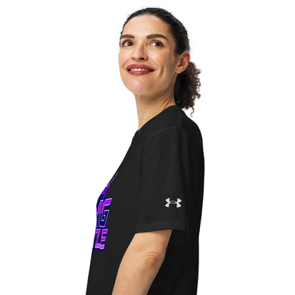 Black athletic t-shirt with short sleeves and crew neck, showing Under Armour logo on sleeve.