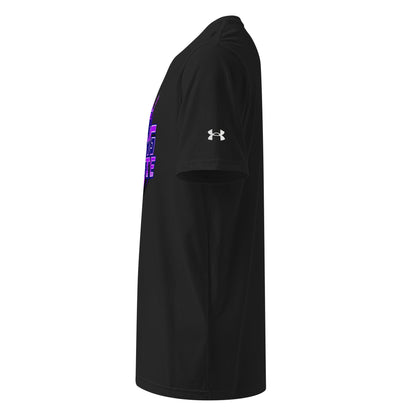 Black athletic T-shirt side view with purple sleeve graphic and Under Armour logo