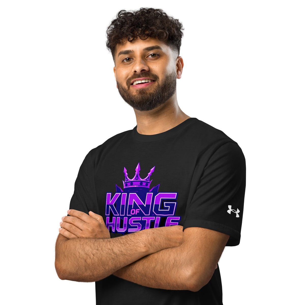 Black athletic T-shirt with purple “King of Hustle” crown graphic, crew neck