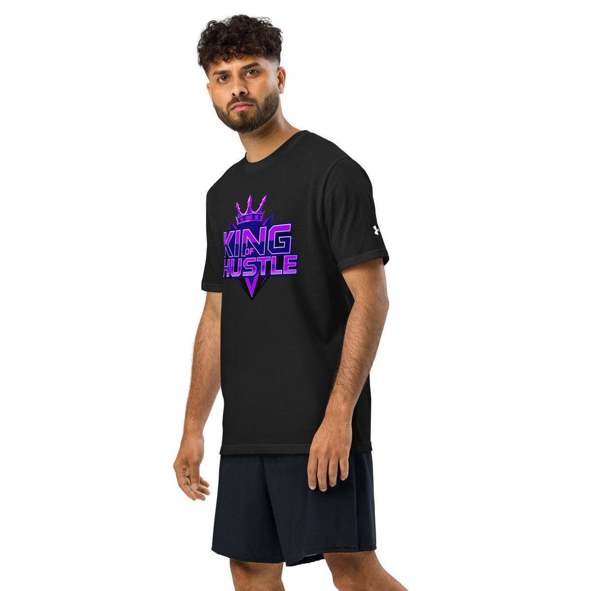 Athletic t-shirt in black with short sleeves, crew neck, and purple "KING OF HUSTLE" logo.