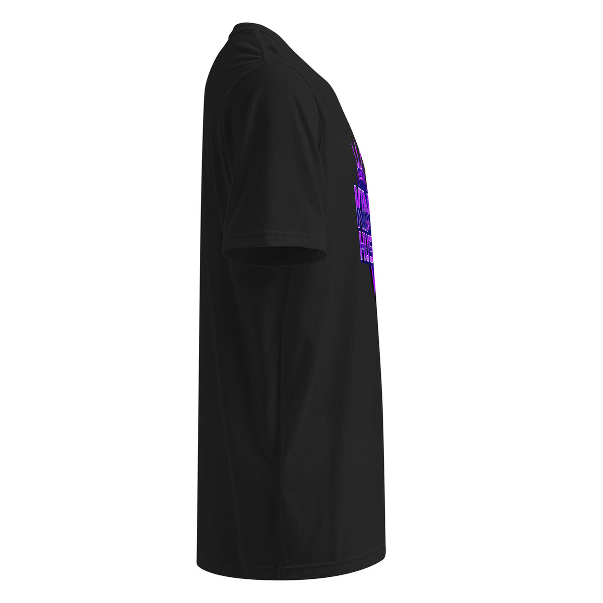 Black athletic T-shirt profile view with purple vertical sleeve graphic and Under Armour logo