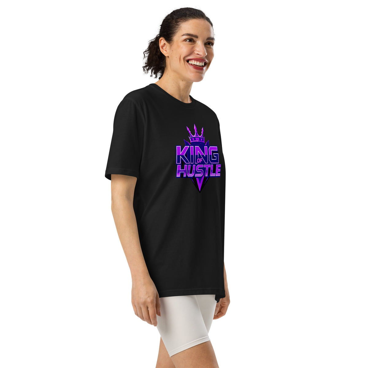 Black athletic t-shirt with short sleeves and crew neck featuring purple "KING HUSTLE" chest graphic.