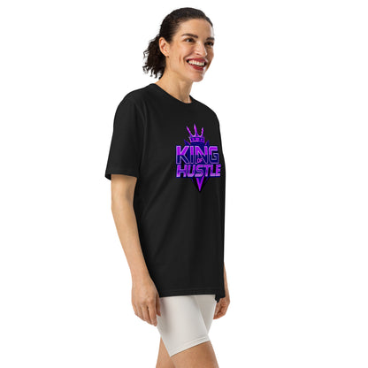 Black athletic t-shirt with short sleeves and crew neck featuring purple "KING HUSTLE" chest graphic.