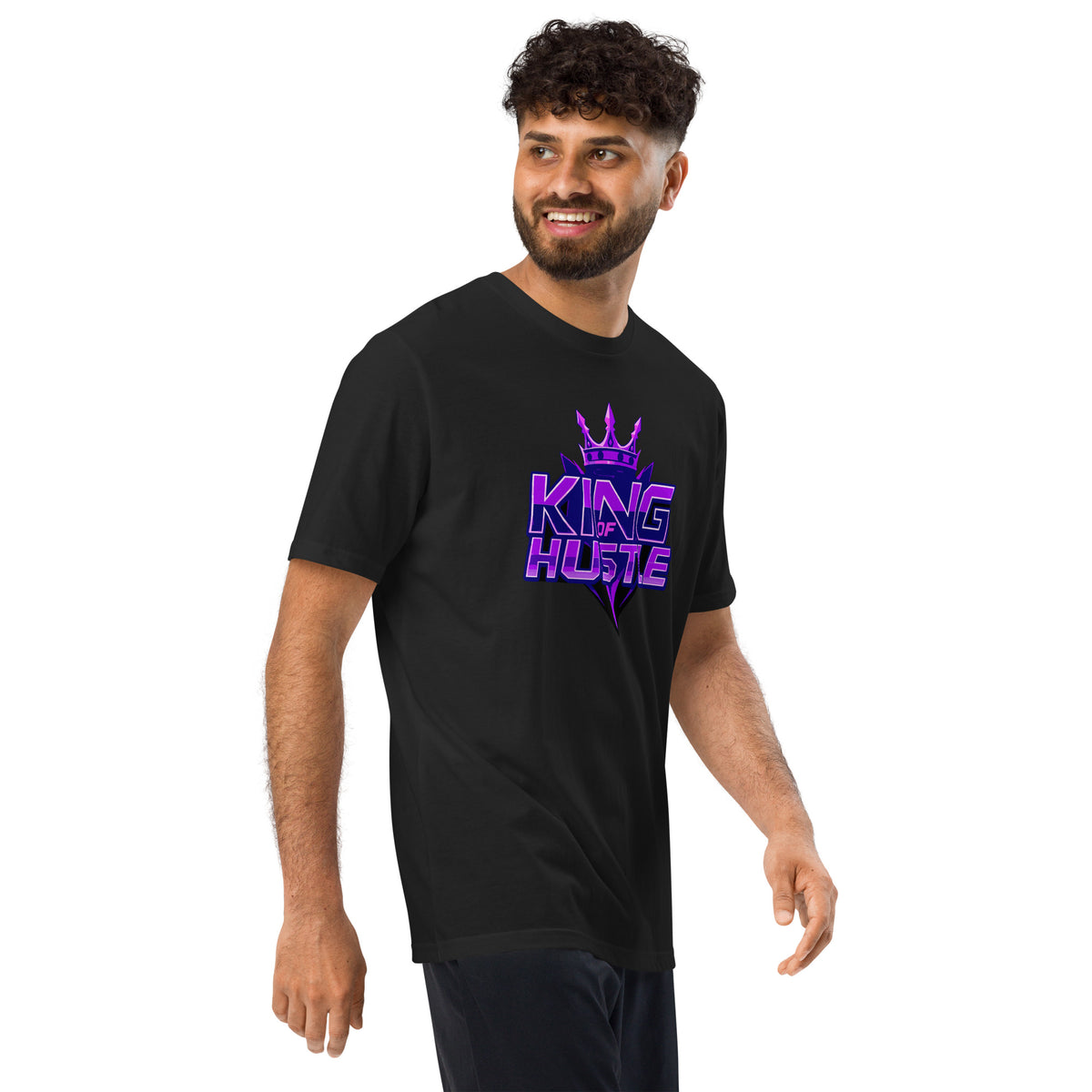 Black athletic t-shirt with short sleeves and crew neck, purple "KING HUSTLE" chest graphic.