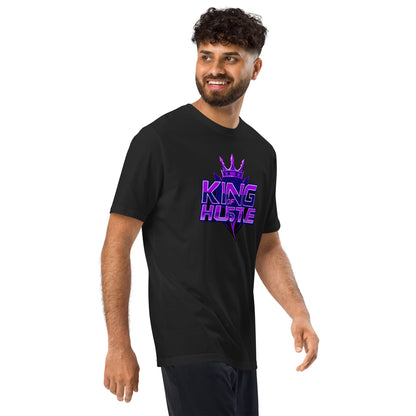 Black athletic t-shirt with short sleeves and crew neck, purple "KING HUSTLE" chest graphic.