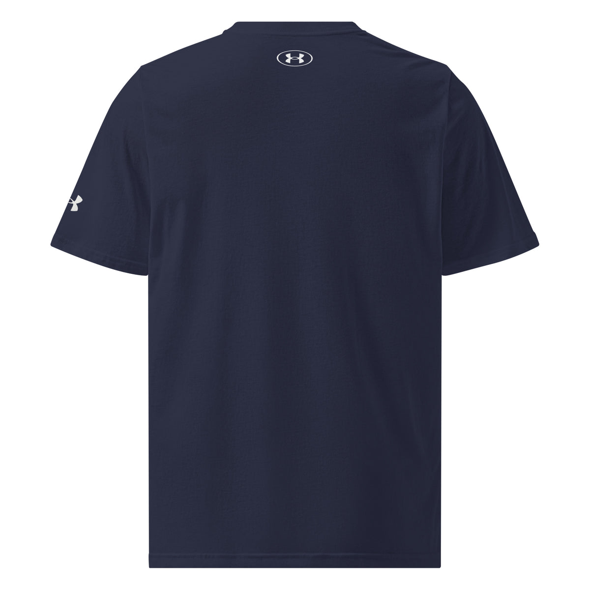 Navy athletic T-shirt back view with small Under Armour logo near collar