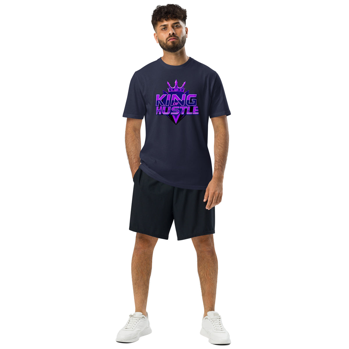 Men's athletic t-shirt in dark navy with purple 'King of Hustle' graphic