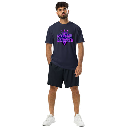 Men's athletic t-shirt in dark navy with purple 'King of Hustle' graphic