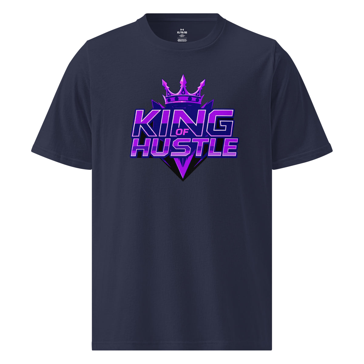 Navy athletic T-shirt with purple crown and “King of Hustle” logo on chest