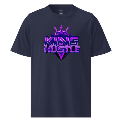 Navy athletic T-shirt with purple crown and “King of Hustle” logo on chest