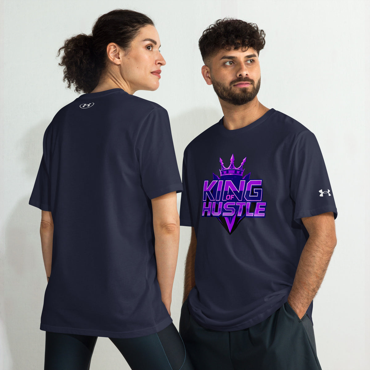 Navy athletic t-shirt with short sleeves and crew neck, featuring purple "KING HUSTLE" chest graphic.