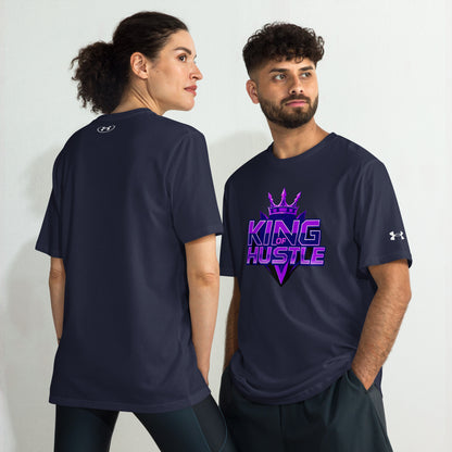 Navy athletic t-shirt with short sleeves and crew neck, featuring purple "KING HUSTLE" chest graphic.