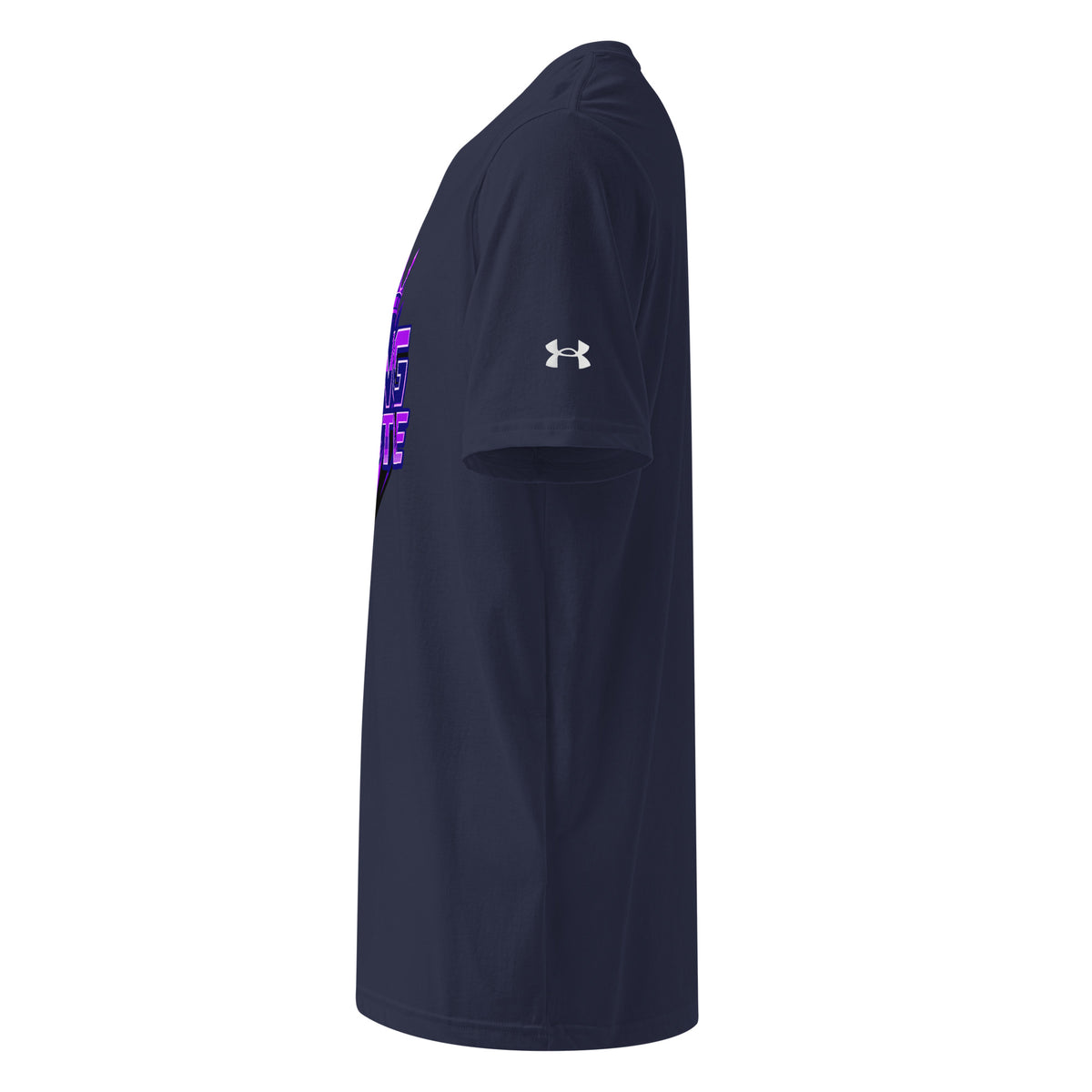 Navy athletic T-shirt side view with purple sleeve graphic and Under Armour logo