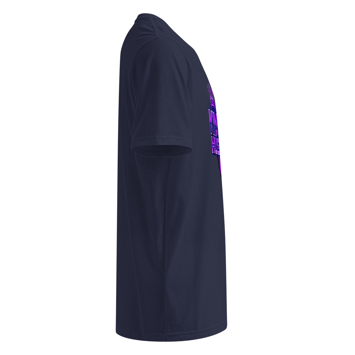 Athletic t-shirt in dark navy with short sleeves, crew neck, and purple side graphic.