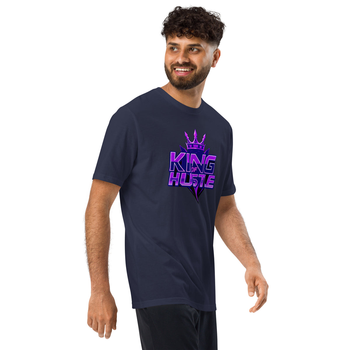 Navy athletic t-shirt with short sleeves and crew neck featuring purple "KING HUSTLE" chest graphic.