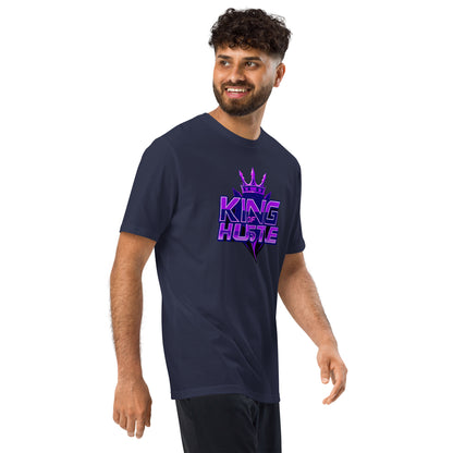 Navy athletic t-shirt with short sleeves and crew neck featuring purple "KING HUSTLE" chest graphic.